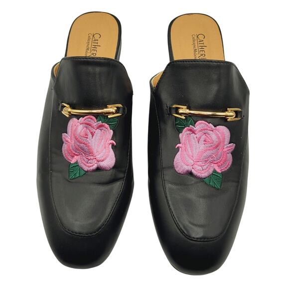 Catherine Maladrino Pika Horse bit Blck Vegan Embroidered Pink Rose Mules Sz 8.5 - Picture 3 of 10
